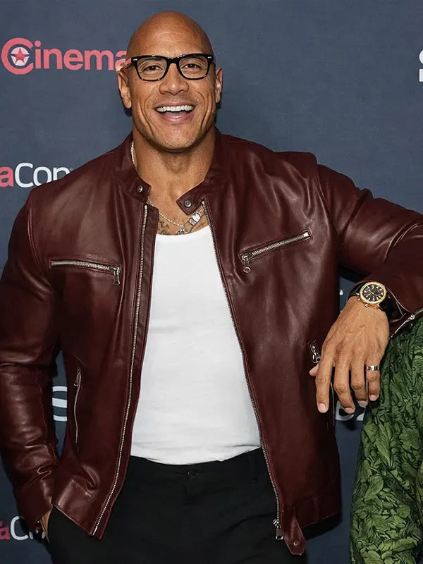 Jumanji Open World Photocall Dwayne Johnson Maroon Leather Jacket
