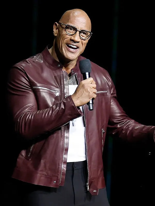 Jumanji Open World Photocall Dwayne Johnson Maroon Leather Jacket