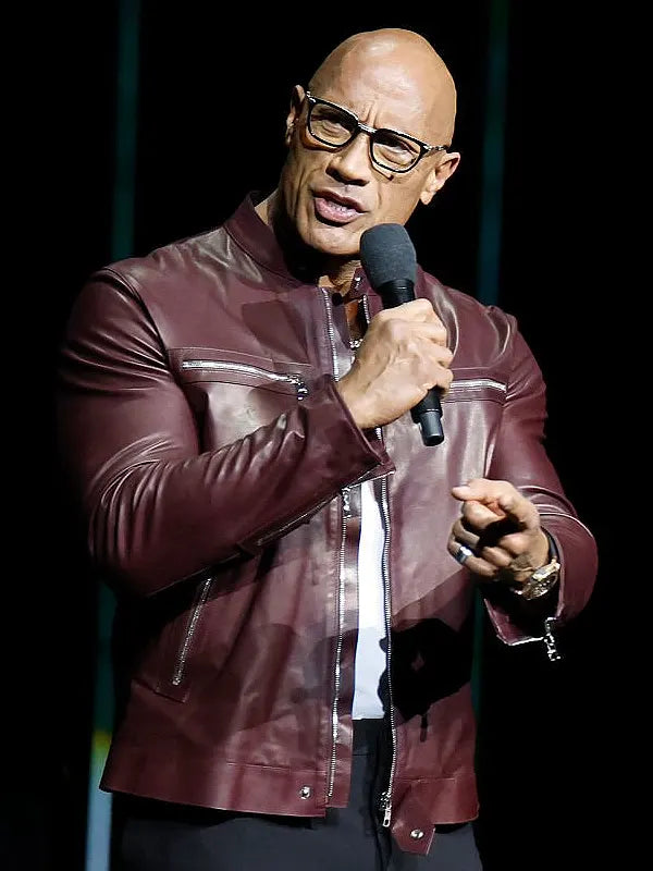 Jumanji Open World Photocall Dwayne Johnson Maroon Leather Jacket