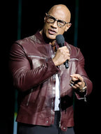 Jumanji Open World Photocall Dwayne Johnson Maroon Leather Jacket