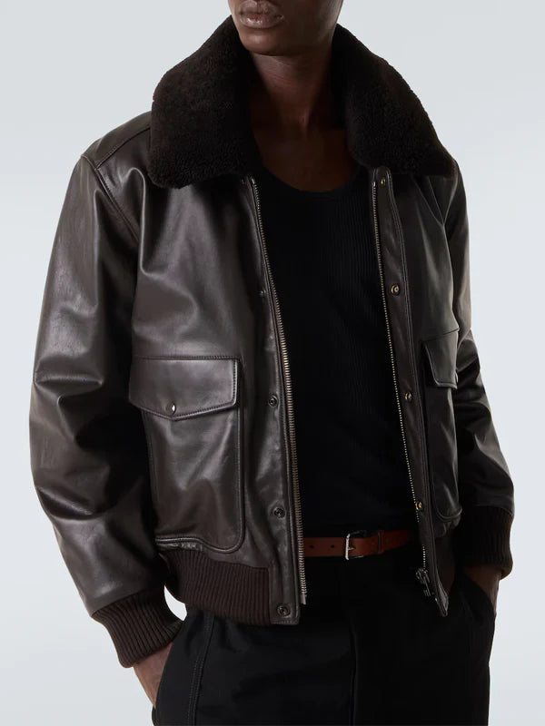 Lemaire-Brown-Shearling-Collar-Blouson-Leather-Jacket