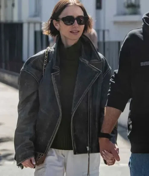 London City 2026 Lily Collins Black Leather Jacket