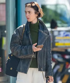 London City 2026 Lily Collins Black Leather Jacket