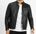 Men Black Collar Strap Leather Jacket Zing Apparel