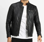 Men Black Collar Strap Leather Jacket Zing Apparel