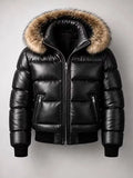 Men's Black Leather Puffer Jacket with Fur Trimmed Hood