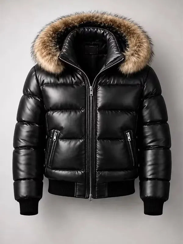 Men's Black Leather Puffer Jacket with Fur Trimmed Hood
