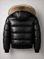 Men's Black Leather Puffer Jacket with Fur Trimmed Hood