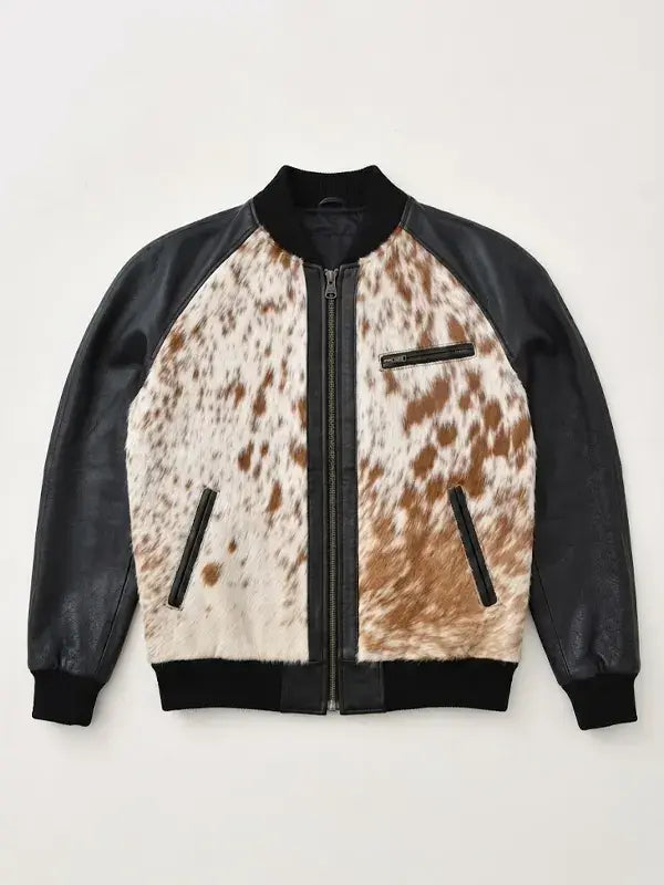 Men’s Cow print Faux Leather Black bomber Jacket