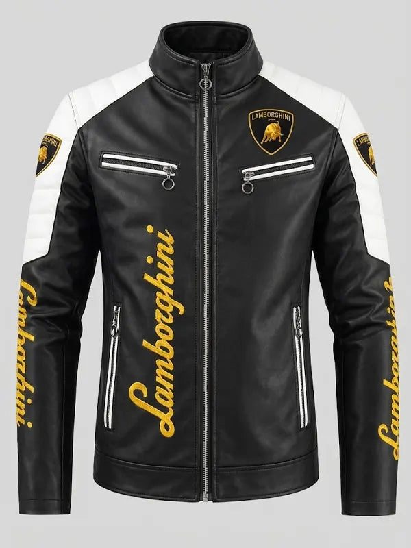 Men's Lamborghini Leather Racing Jacket with Embroidered Logo and Badges