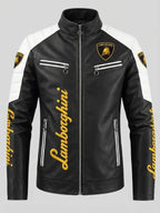 Men's Lamborghini Leather Racing Jacket with Embroidered Logo and Badges