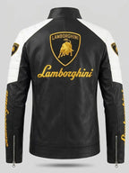Men's Lamborghini Leather Racing Jacket with Embroidered Logo and Badges