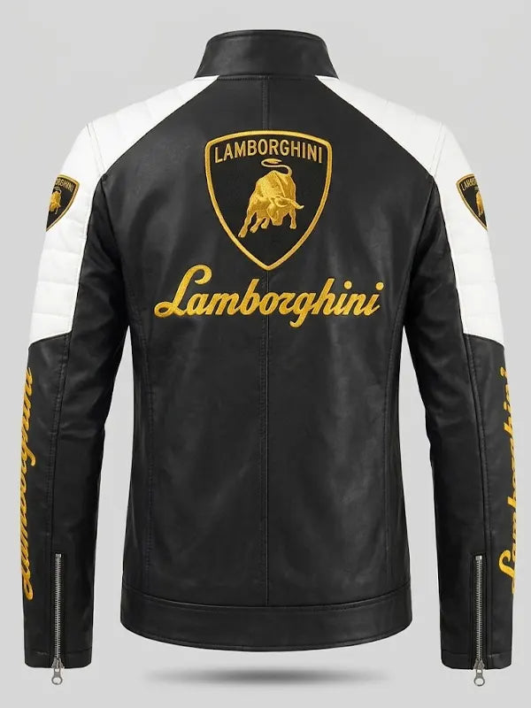 Men's Lamborghini Leather Racing Jacket with Embroidered Logo and Badges