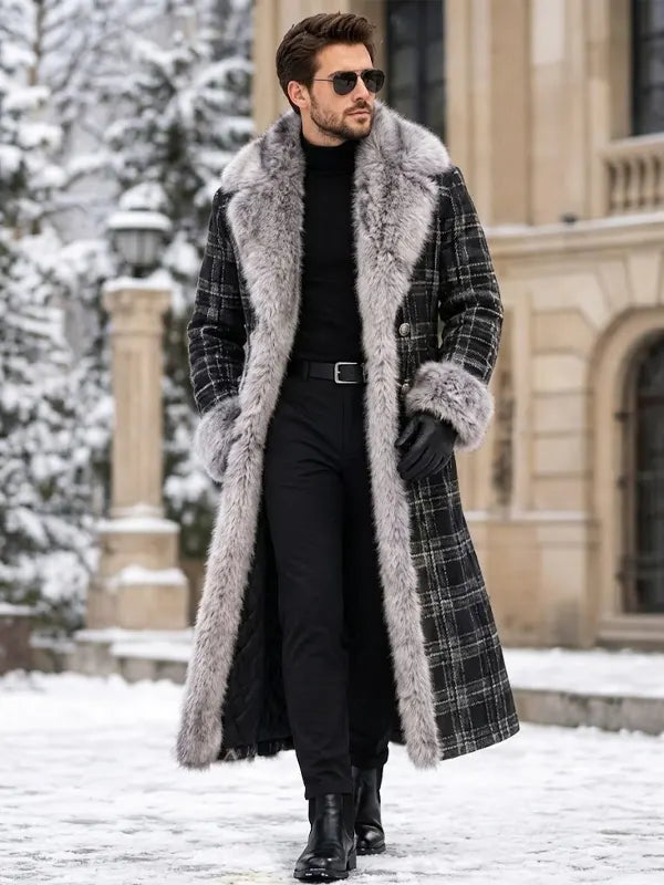 Men's Plaid Long Trench Coat with Faux Fur Collar & Cuffs