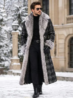 Men's Plaid Long Trench Coat with Faux Fur Collar & Cuffs