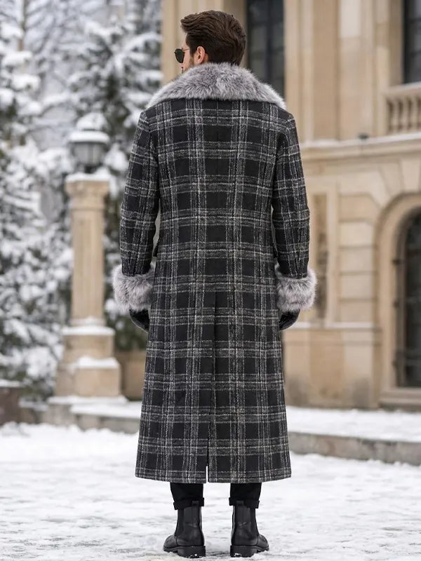 Men's Plaid Long Trench Coat with Faux Fur Collar & Cuffs