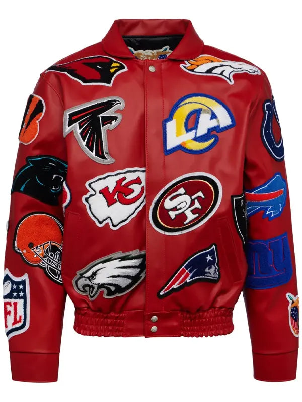 NFL Collage Patch Red Leather Bomber Jacket