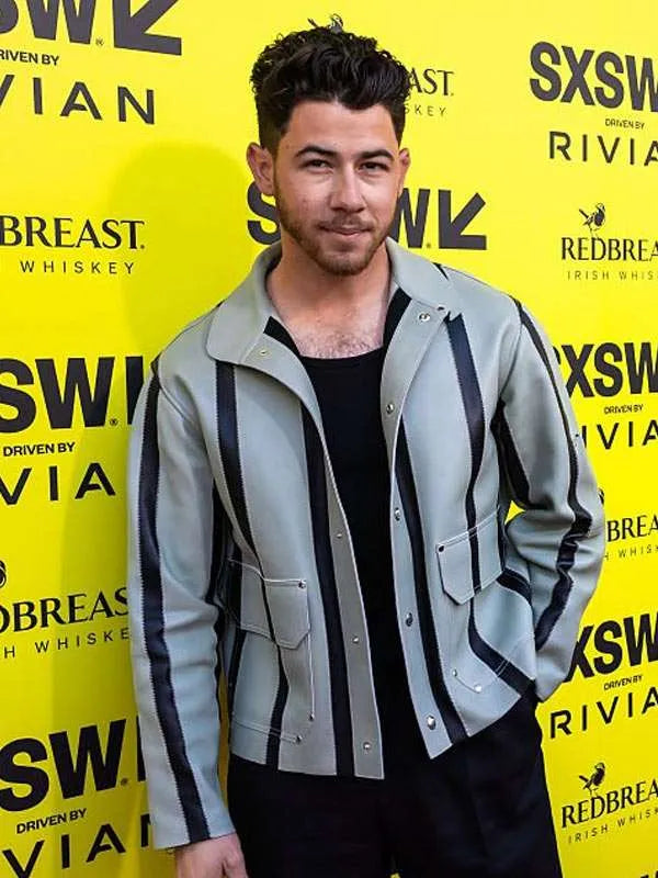 Nick Jonas Power Ballad 2026 Grey And Black Leather Jacket
