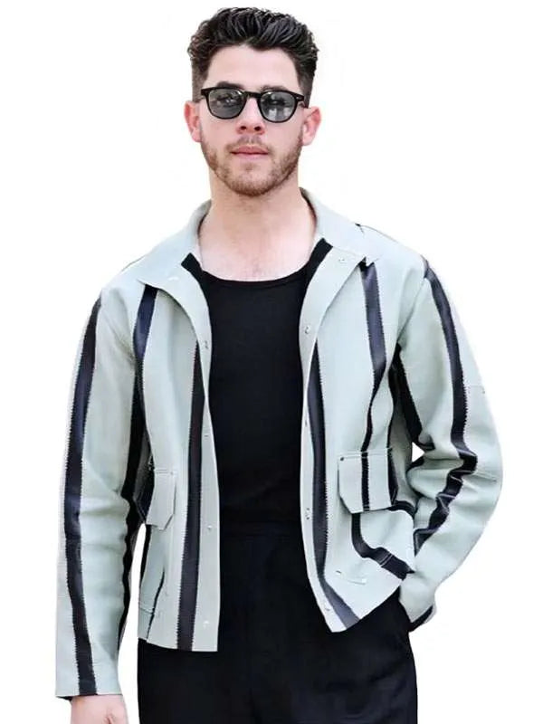 Nick Jonas Power Ballad 2026 Grey And Black Leather Jacket