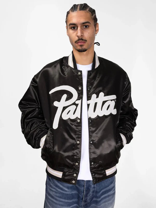 Patta-Script-Logo-Satin-Varsity-Jacket-In-Black