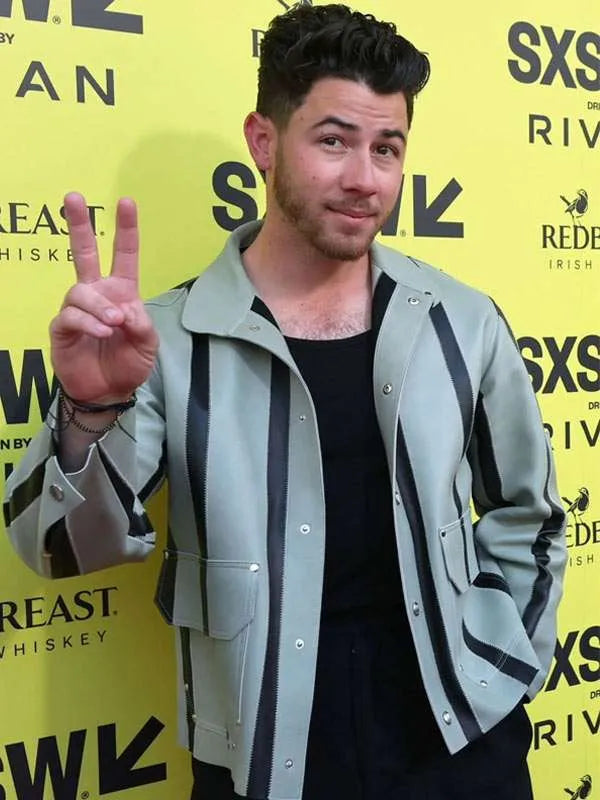 Nick Jonas Power Ballad 2026 Grey And Black Leather Jacket