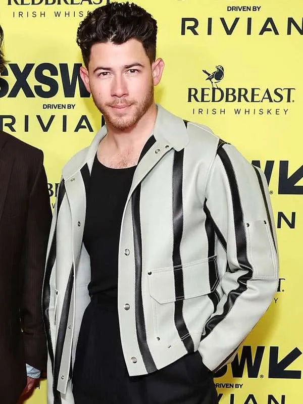 Nick Jonas Power Ballad 2026 Grey And Black Leather Jacket