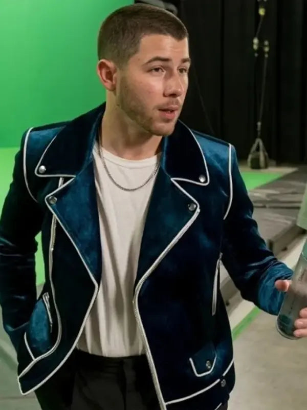 Power Ballad Nick Jonas Blue Velvet Biker Jacket