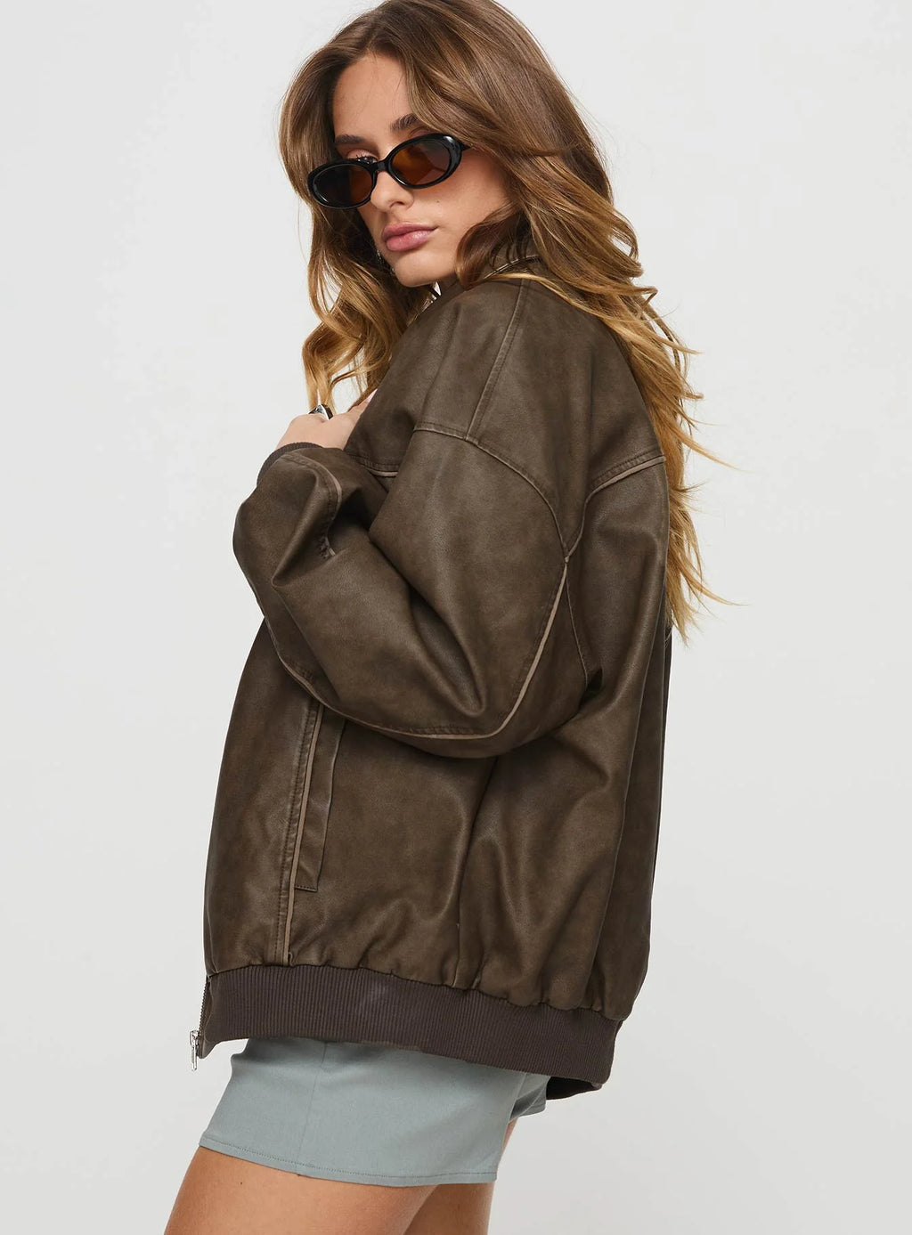Princess Polly Goldsmith Faux Leather Bomber Jacket Washed Dark Brown