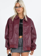 Princess Polly Goldsmith Faux Leather Bomber Jacket Burgundy