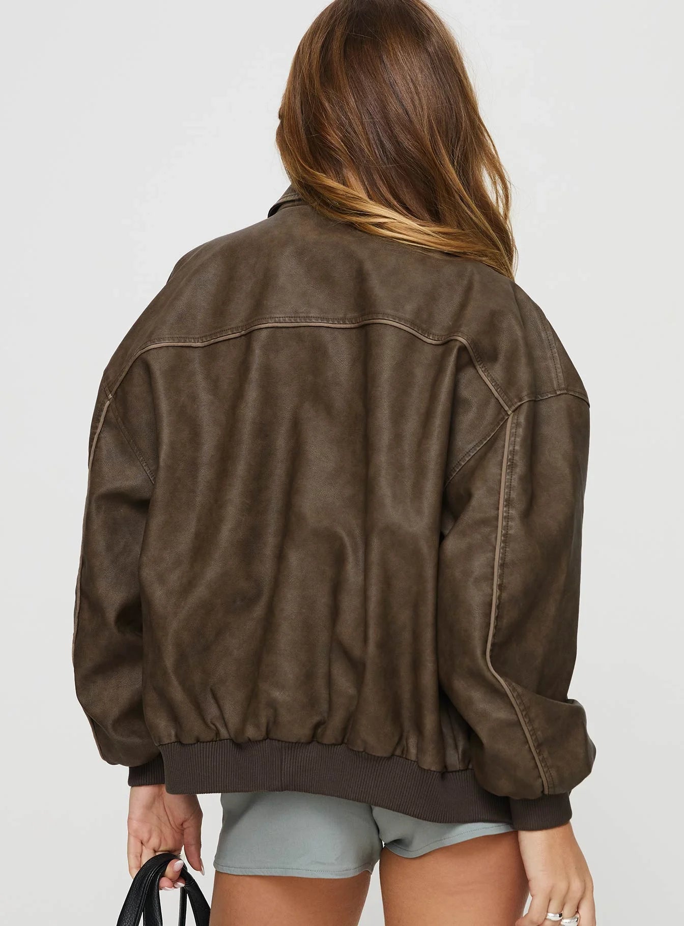 Princess Polly Goldsmith Faux Leather Bomber Jacket Washed Dark Brown