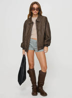Princess Polly Goldsmith Faux Leather Bomber Jacket Washed Dark Brown