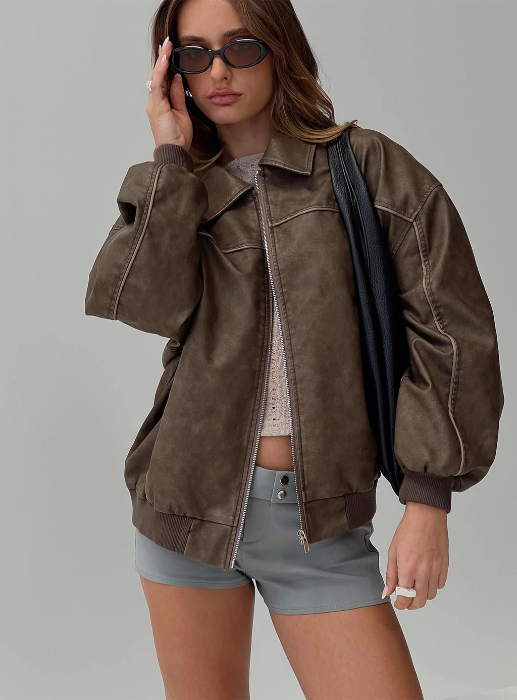 Princess Polly Goldsmith Faux Leather Bomber Jacket Washed Dark Brown