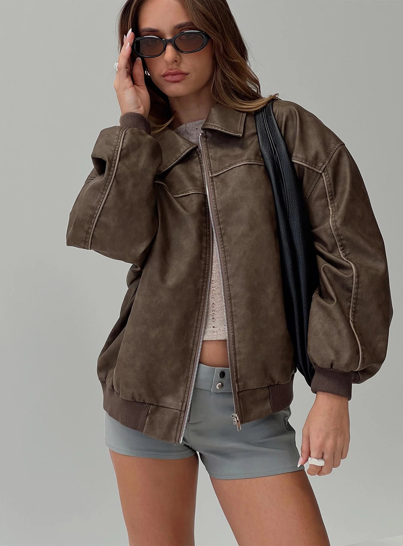 Princess Polly Goldsmith Faux Leather Bomber Jacket Washed Dark Brown