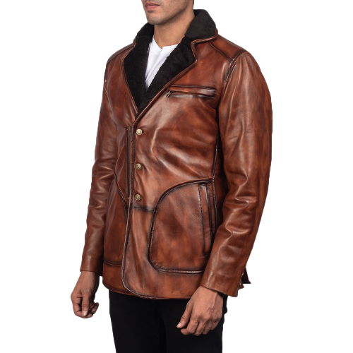 Rocky Fur Leather Blazer Men, Brown Zing Apparel