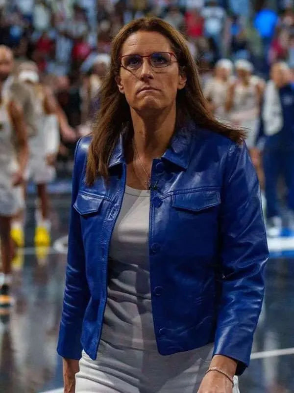 Stephanie White Blue Cropped Leather Jacket