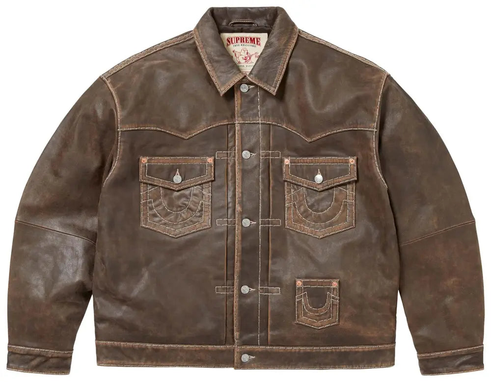 Supreme X True Religion Leather Trucker Jacket Brown