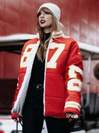Shop 87 Taylor Swift Travis Kelce Red Puffer Jacket