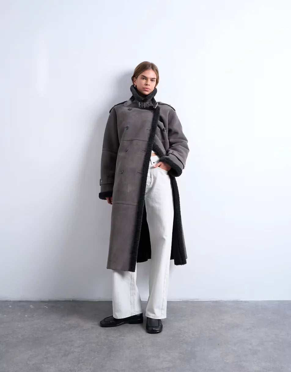 Topshop-Longline-Aviator-Faux-Shearling-Coat-In-Gray