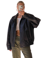 90’s Style Leather Bomber Jacket Women, Black Zing Apparel