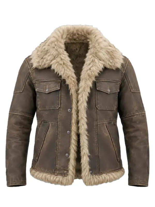 Wolverine Men's Distressed Leather Jacket with Shearling Collar