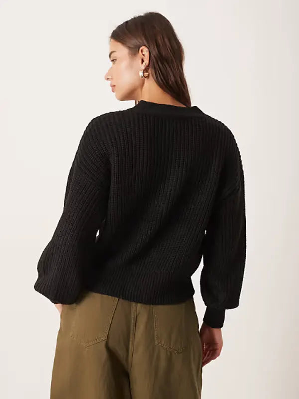 Women's Black V-Neck Ribbed Knit Cardigan Sweater