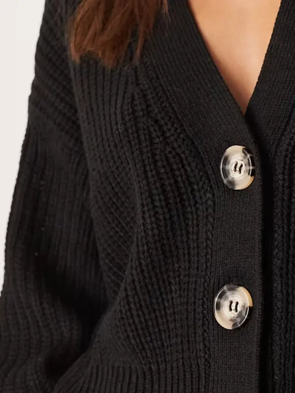Women's Black V-Neck Ribbed Knit Cardigan Sweater