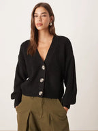 Women's Black V-Neck Ribbed Knit Cardigan Sweater
