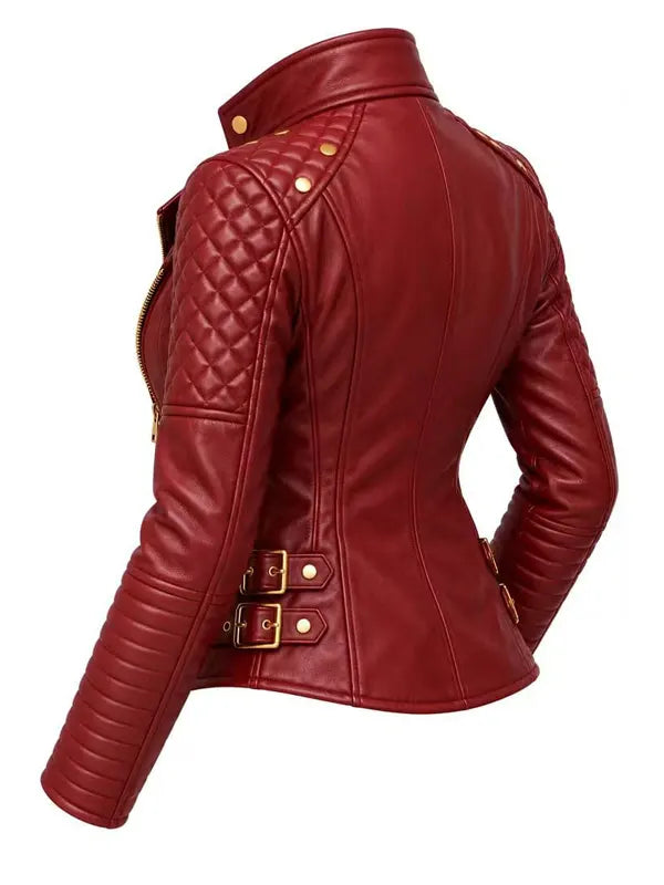 Women's Quilted Maroon Leather Biker Asymmetric Zip Jacket