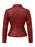 Women's Quilted Maroon Leather Biker Asymmetric Zip Jacket