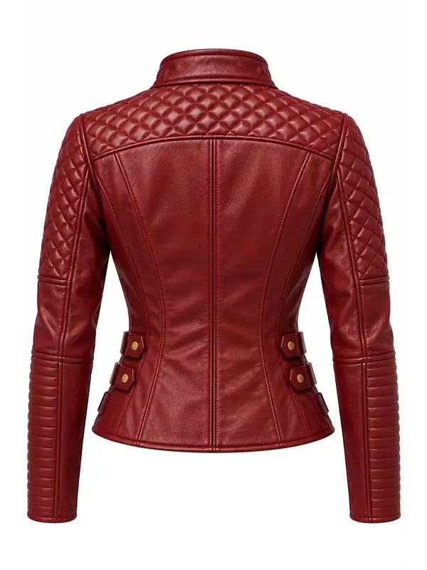 Women's Quilted Maroon Leather Biker Asymmetric Zip Jacket