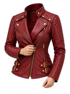 Women's Quilted Maroon Leather Biker Asymmetric Zip Jacket