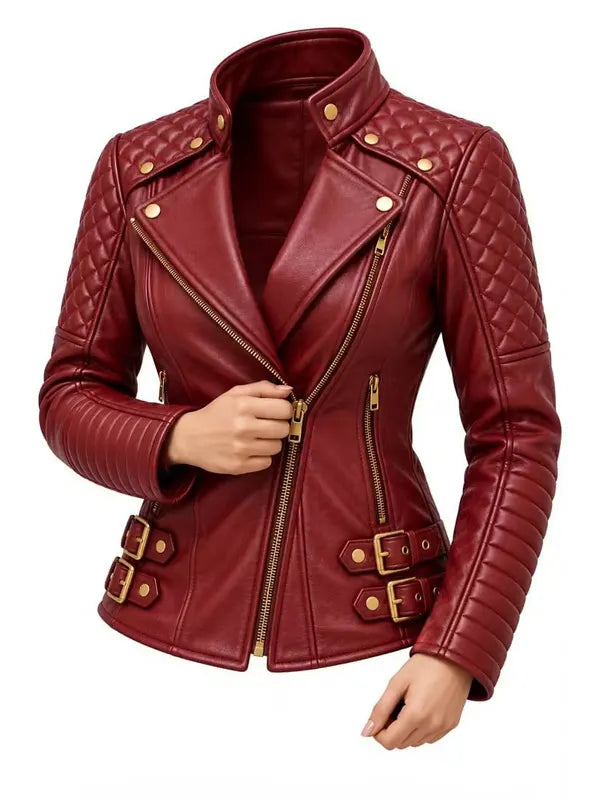 Women's Quilted Maroon Leather Biker Asymmetric Zip Jacket