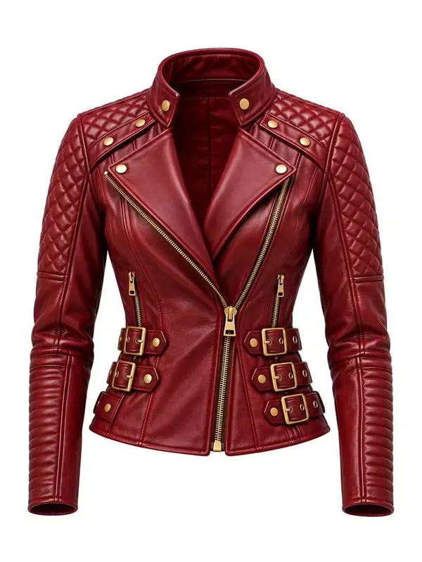 Women's Quilted Maroon Leather Biker Asymmetric Zip Jacket