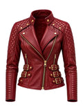 Women's Quilted Maroon Leather Biker Asymmetric Zip Jacket